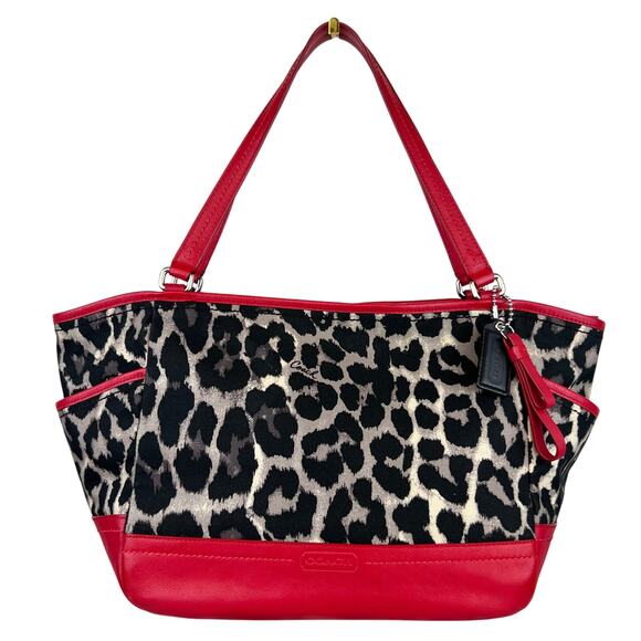 COACH Leopard Print Canvas Red Leather Tote Shoulder Purse Bag Authentic - Picture 2 of 16